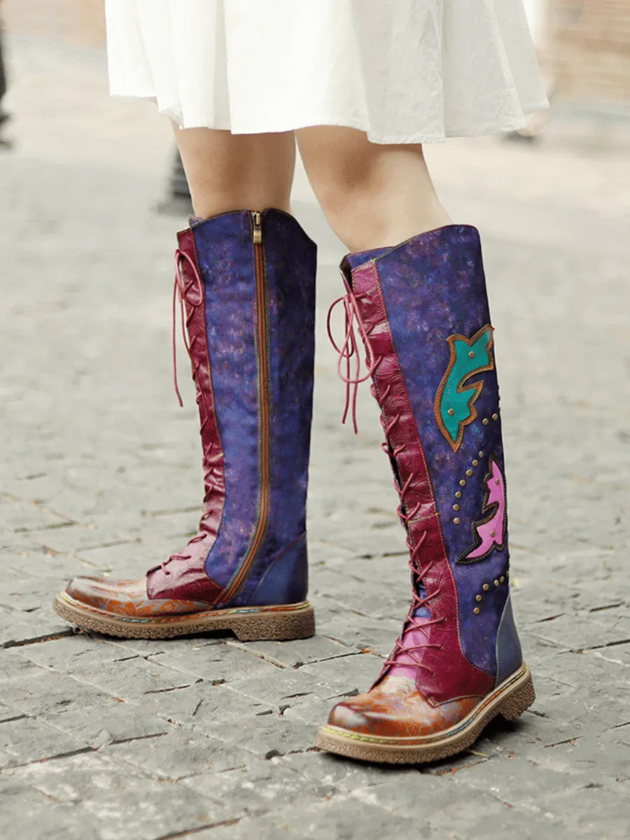 Genuine Leather Galaxy Purple Printed Tie-Accent Boho High Knee Boots
