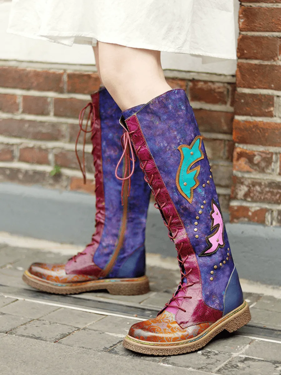 Genuine Leather Galaxy Purple Printed Tie-Accent Boho High Knee Boots