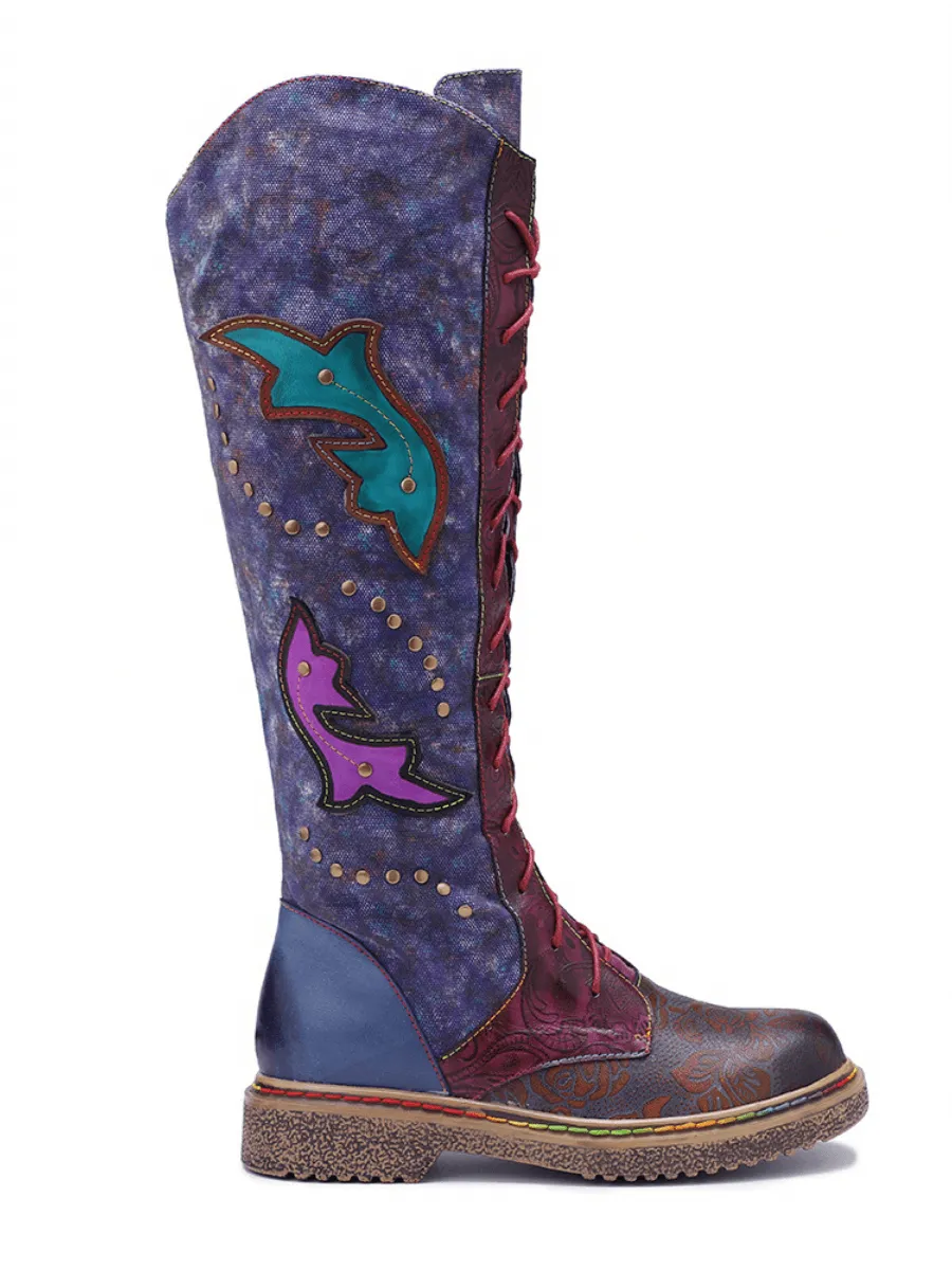 Genuine Leather Galaxy Purple Printed Tie-Accent Boho High Knee Boots
