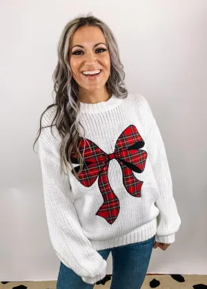 Holiday Plaid Bow Knit Sweater