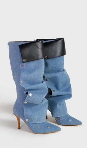 Isabela Appliqué Ruched  Denim Knee-high boots - Blue