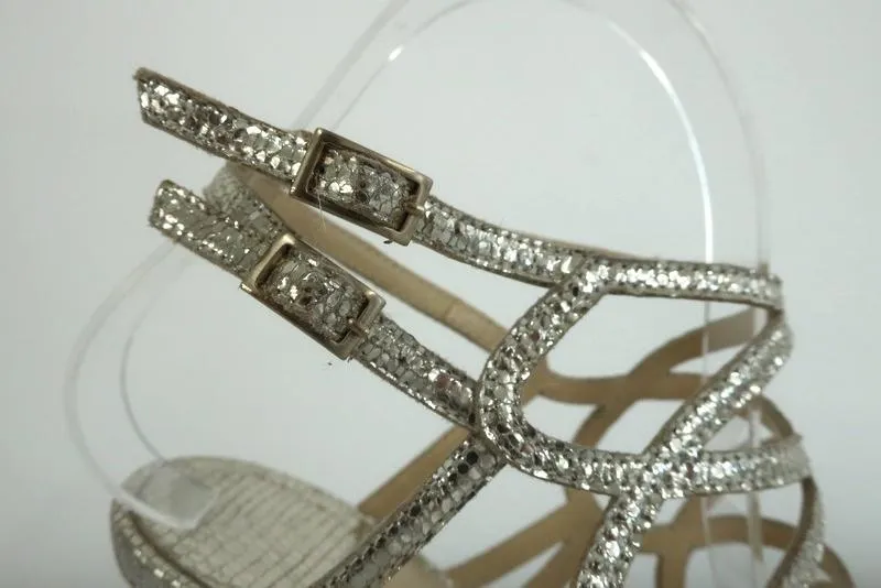 Jimmy Choo Zinc Sandals Gold Metallic Cracked Leather Size 38.5 Platform Heel