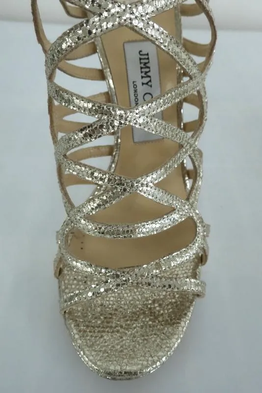 Jimmy Choo Zinc Sandals Gold Metallic Cracked Leather Size 38.5 Platform Heel