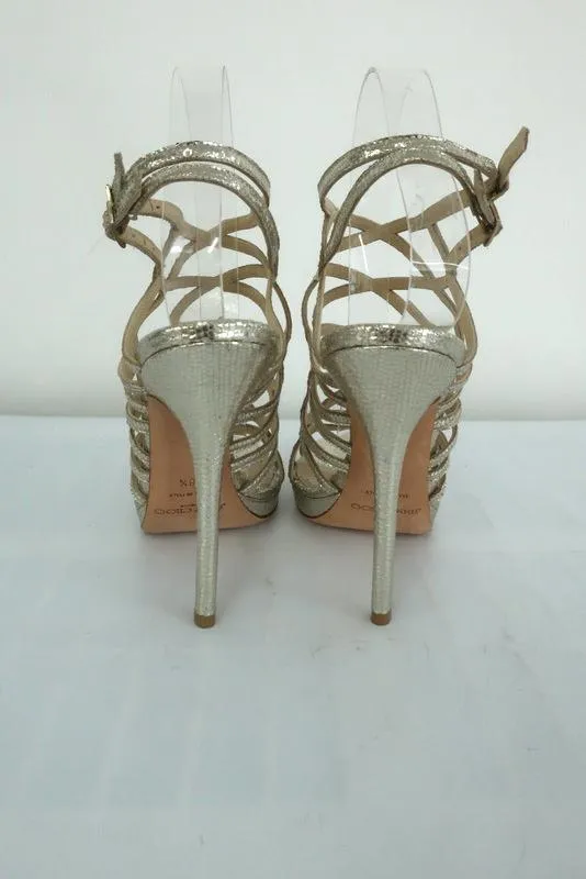Jimmy Choo Zinc Sandals Gold Metallic Cracked Leather Size 38.5 Platform Heel