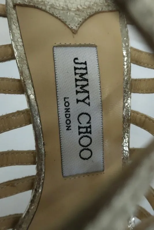 Jimmy Choo Zinc Sandals Gold Metallic Cracked Leather Size 38.5 Platform Heel