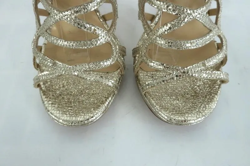 Jimmy Choo Zinc Sandals Gold Metallic Cracked Leather Size 38.5 Platform Heel