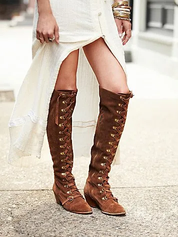 Lace Up Long Motorcycle Boots Women  Over-the-knee Boots Genuine Leather Tall Boots Women High Heels Botas De Caballo