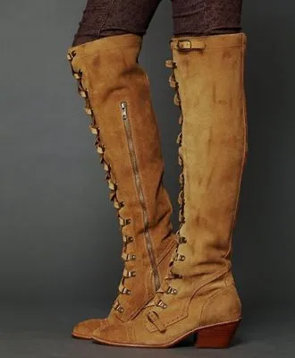 Lace Up Long Motorcycle Boots Women  Over-the-knee Boots Genuine Leather Tall Boots Women High Heels Botas De Caballo