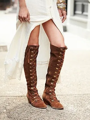 Lace Up Long Motorcycle Boots Women  Over-the-knee Boots Genuine Leather Tall Boots Women High Heels Botas De Caballo