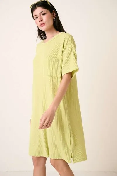 Lime Color Urban Rib Knit Short Sleeve Tee Dress