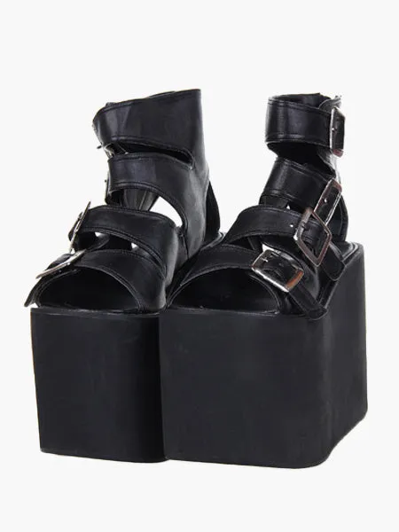 Lolita Sandals High Platform Shoes PU Leather with Buckles
