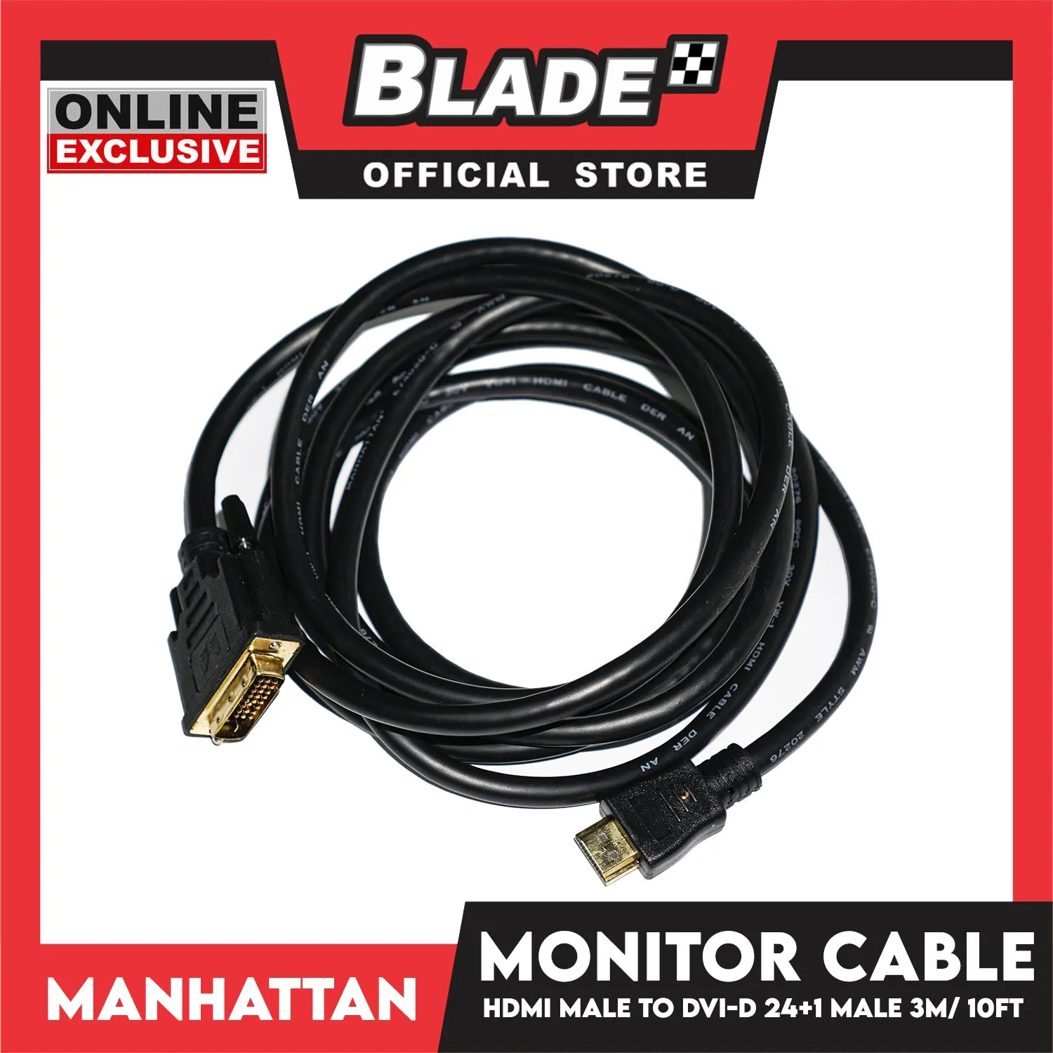 Manhattan Monitor Cable HDMI Male / DVI-D 24   1 Male 3.0m / 10 Feet Gold Plated Contacts