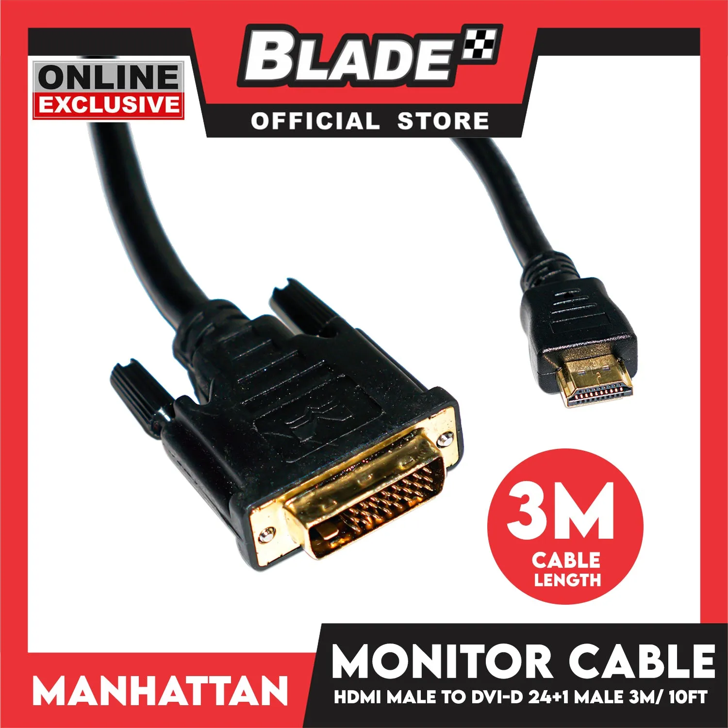 Manhattan Monitor Cable HDMI Male / DVI-D 24   1 Male 3.0m / 10 Feet Gold Plated Contacts