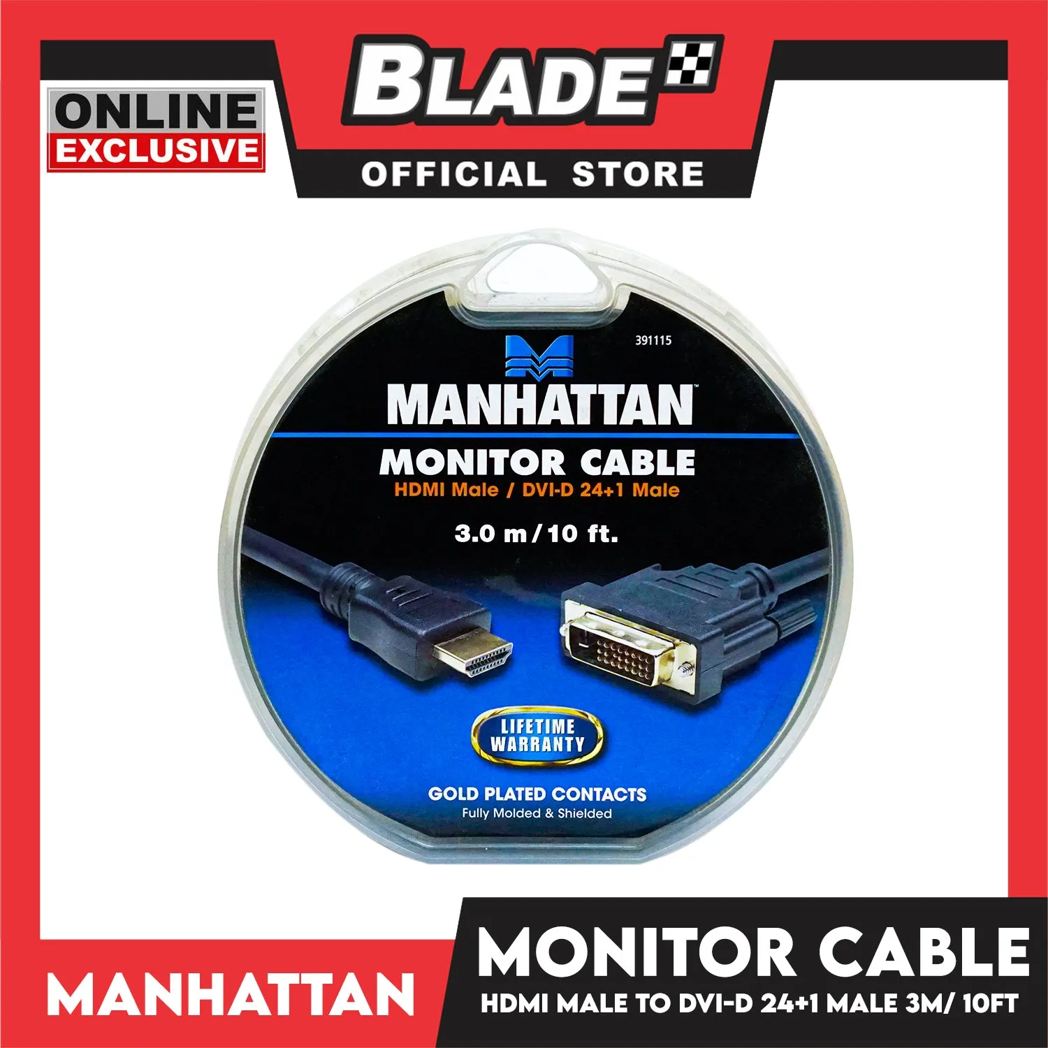 Manhattan Monitor Cable HDMI Male / DVI-D 24   1 Male 3.0m / 10 Feet Gold Plated Contacts