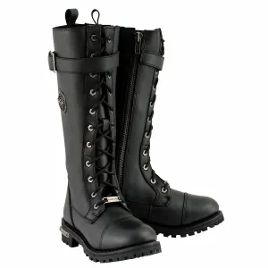 MBL9355 Women's Black 14-inch Lace-Up High-Rise Leather Boots with Calf Buckle