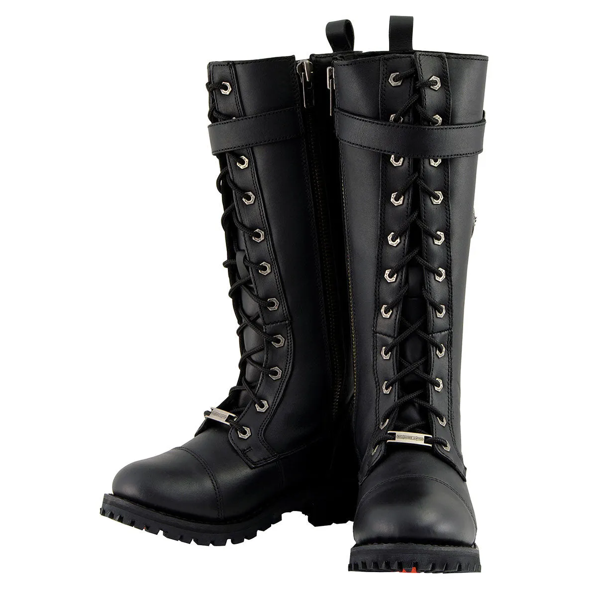 MBL9355 Women's Black 14-inch Lace-Up High-Rise Leather Boots with Calf Buckle