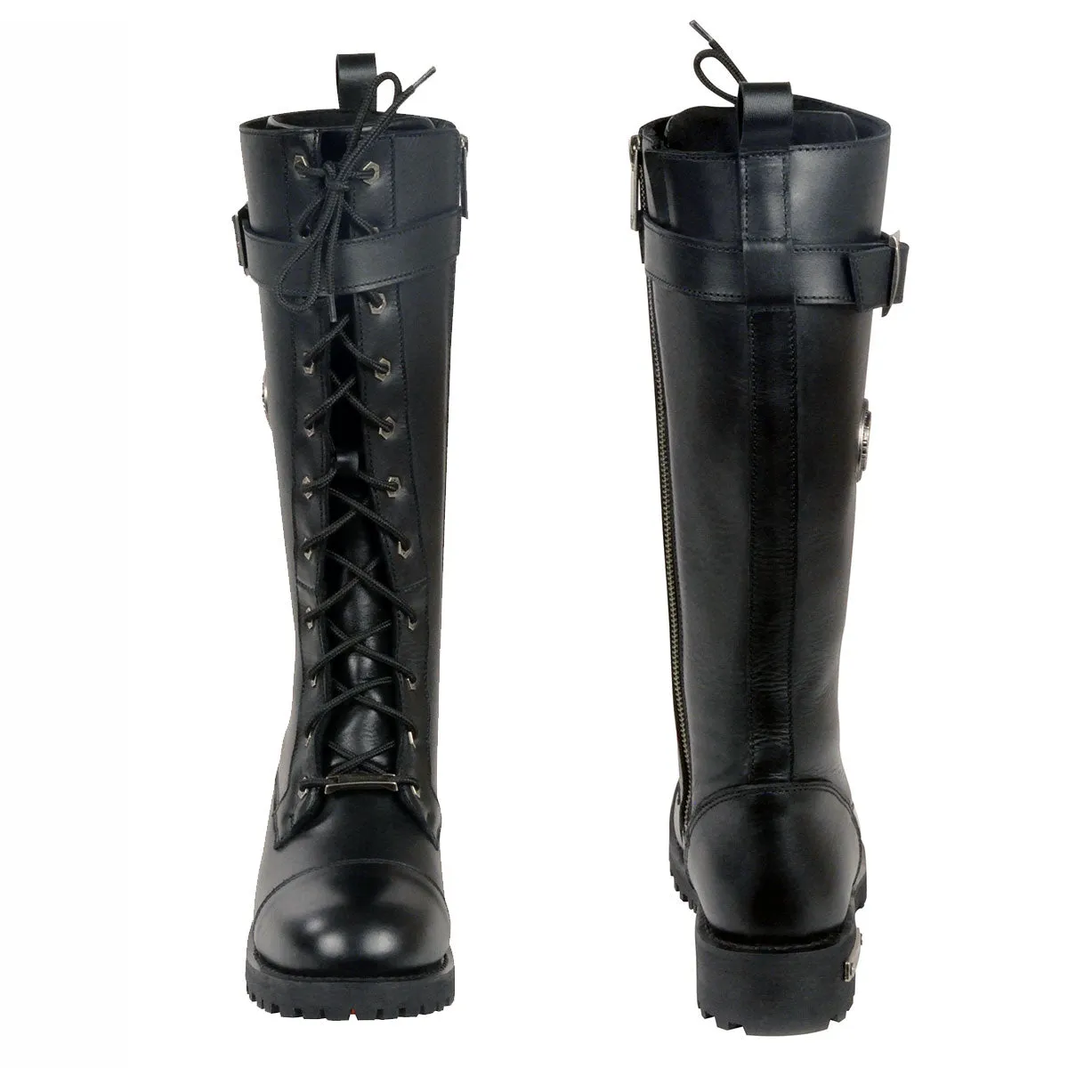 MBL9355 Women's Black 14-inch Lace-Up High-Rise Leather Boots with Calf Buckle
