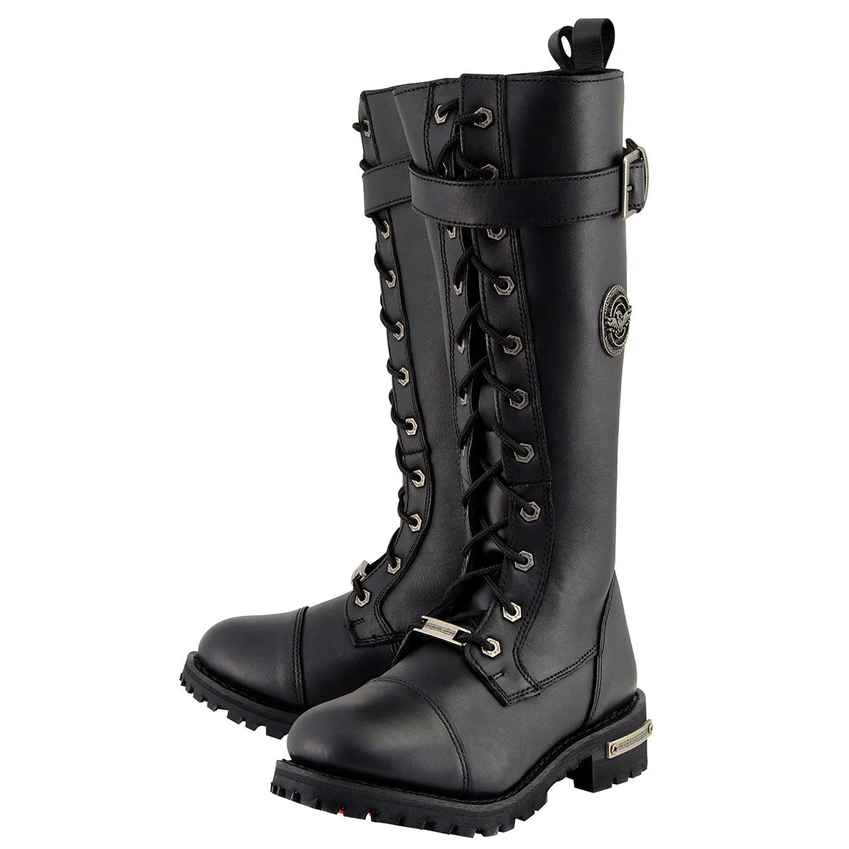 MBL9355 Women's Black 14-inch Lace-Up High-Rise Leather Boots with Calf Buckle
