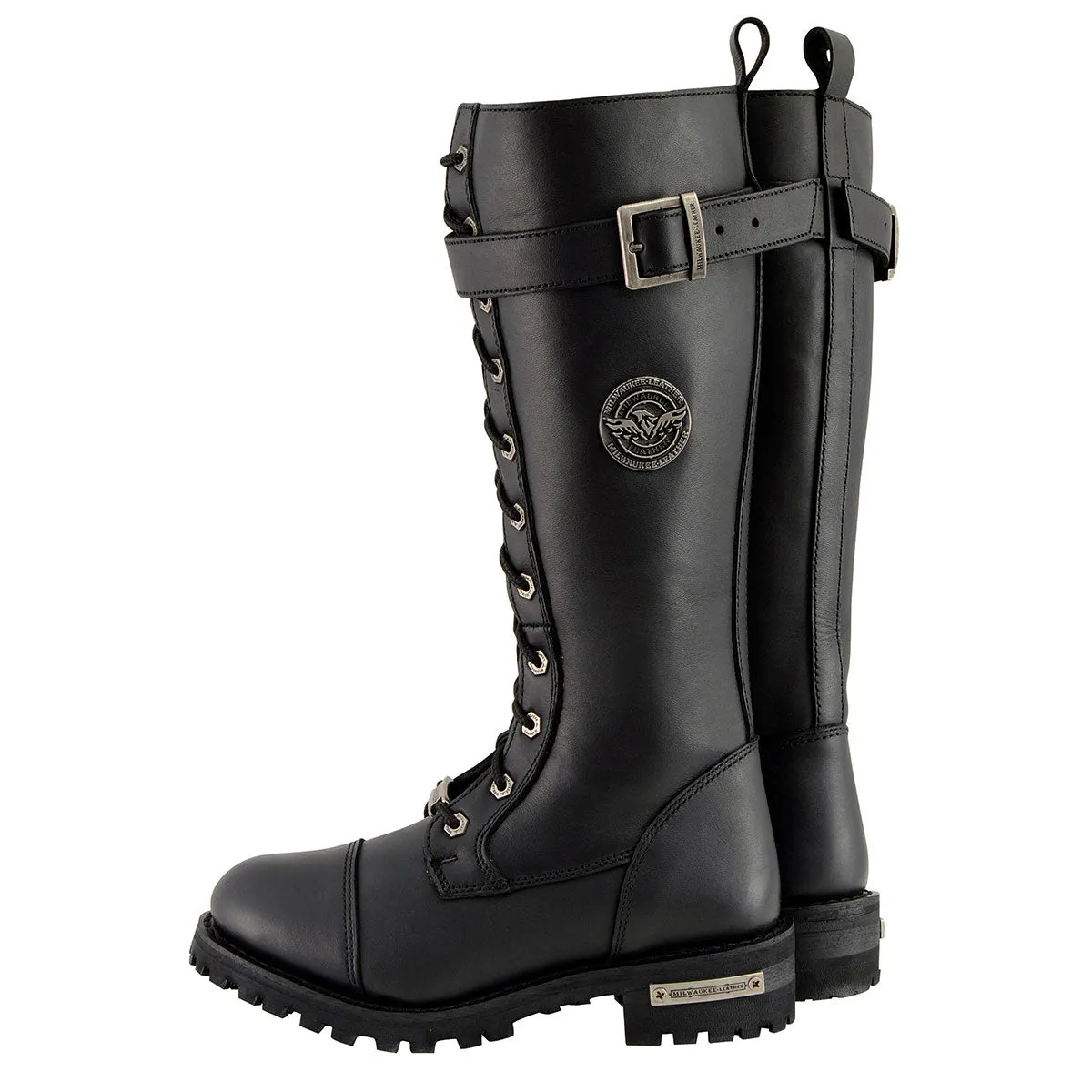 MBL9355 Women's Black 14-inch Lace-Up High-Rise Leather Boots with Calf Buckle