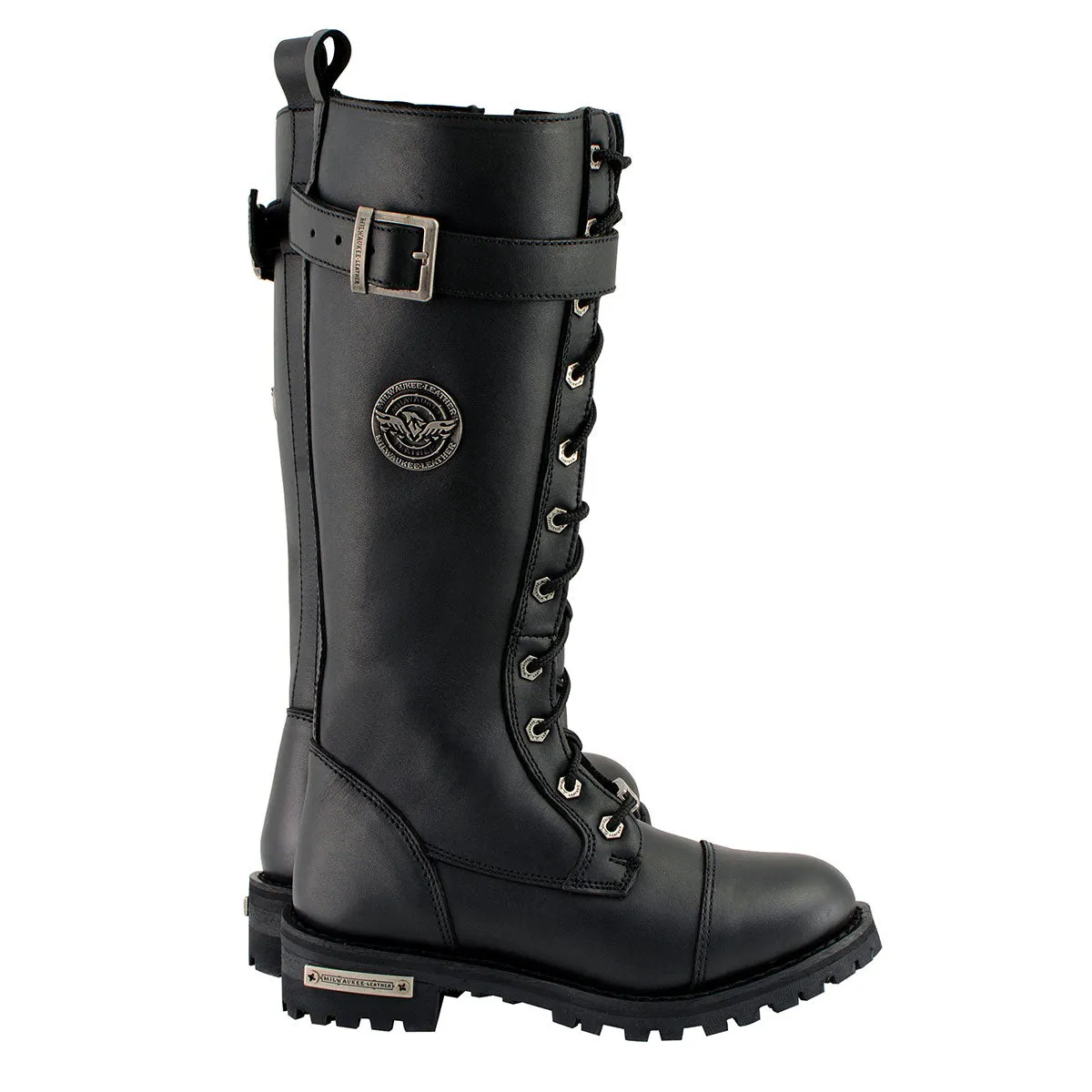 MBL9355 Women's Black 14-inch Lace-Up High-Rise Leather Boots with Calf Buckle