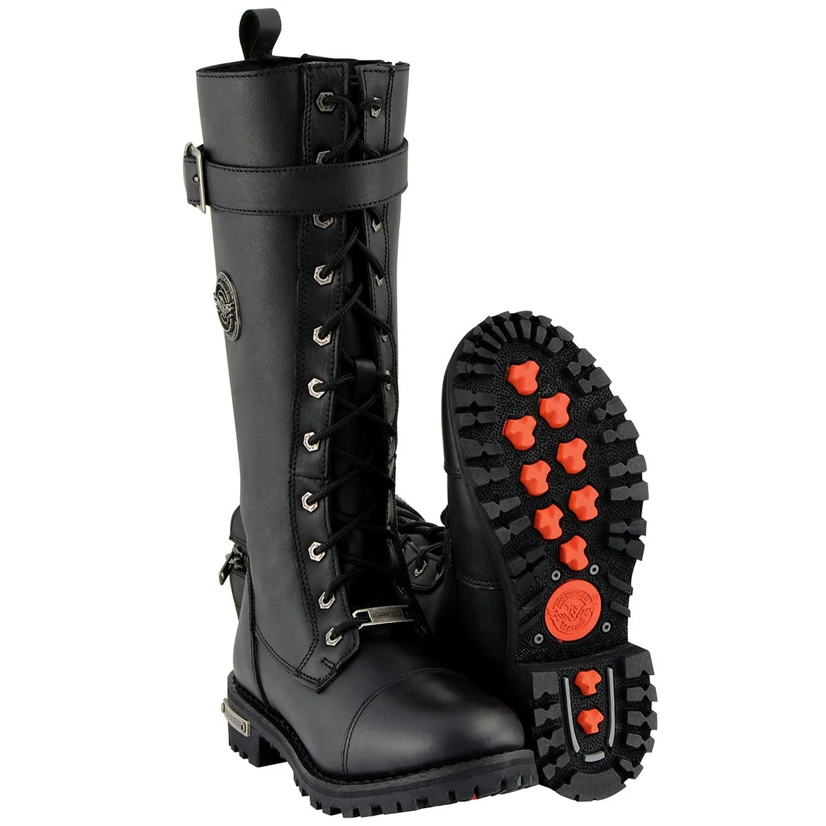 MBL9355 Women's Black 14-inch Lace-Up High-Rise Leather Boots with Calf Buckle