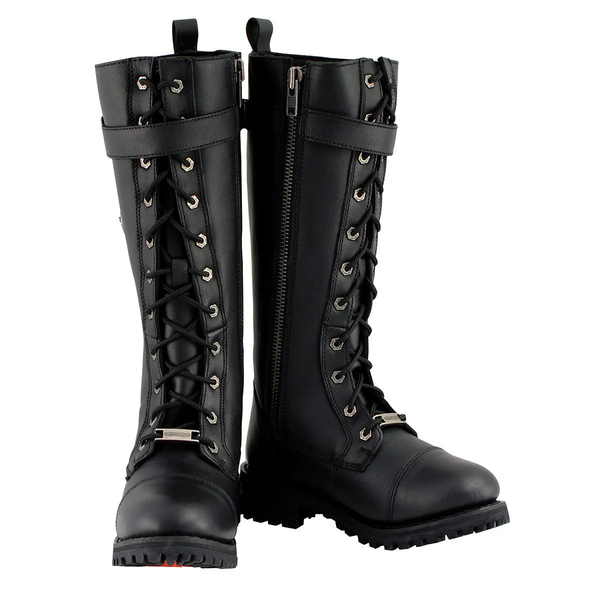 MBL9355 Women's Black 14-inch Lace-Up High-Rise Leather Boots with Calf Buckle