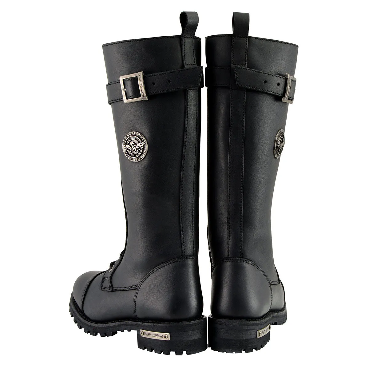 MBL9355 Women's Black 14-inch Lace-Up High-Rise Leather Boots with Calf Buckle