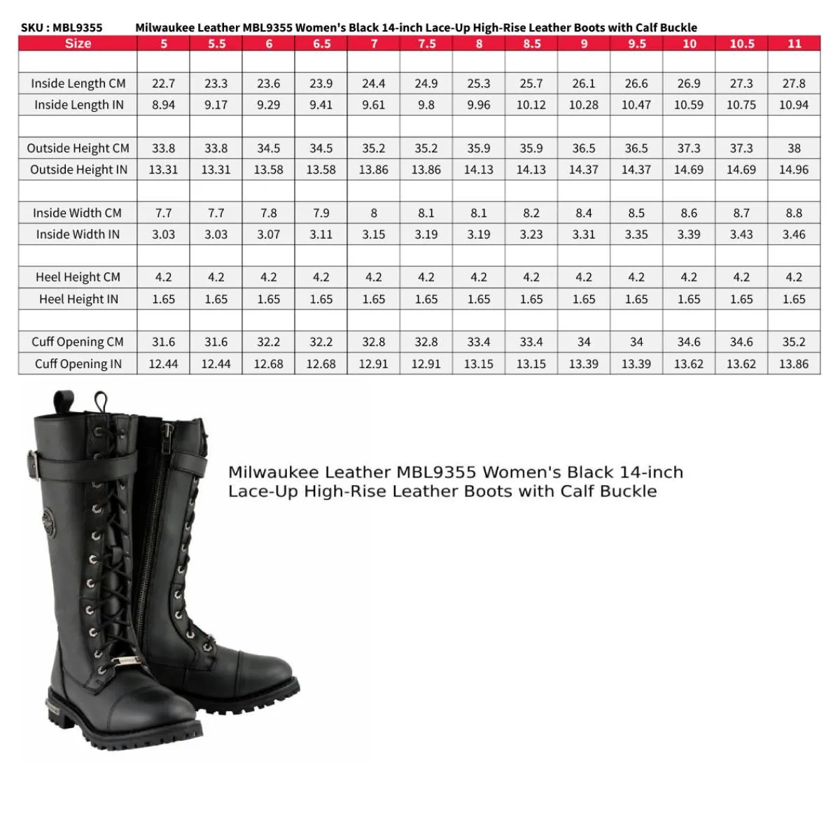 MBL9355 Women's Black 14-inch Lace-Up High-Rise Leather Boots with Calf Buckle