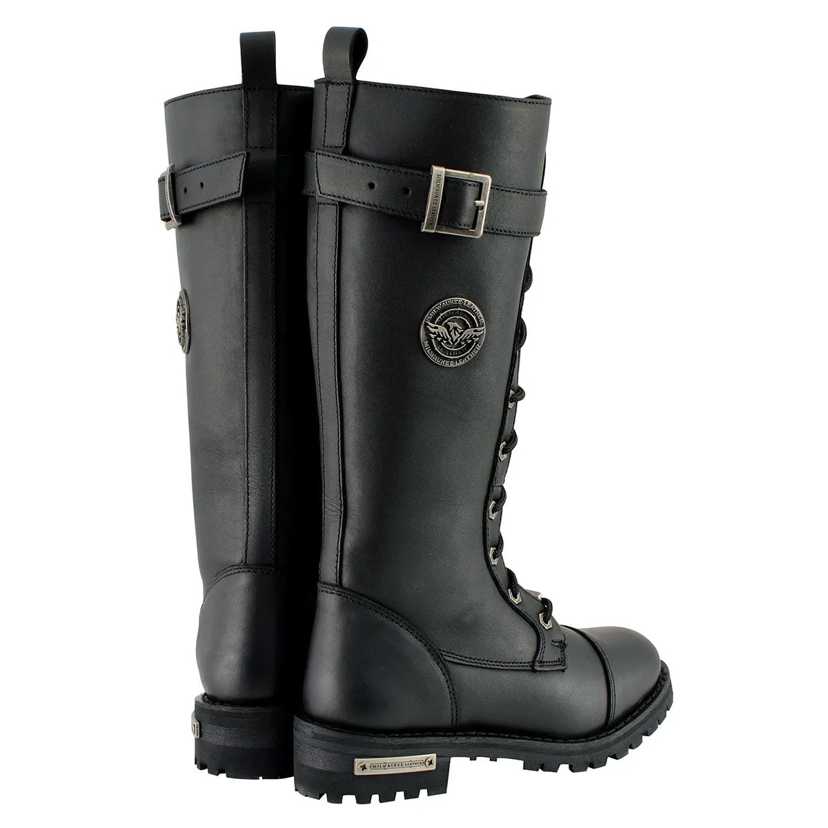 MBL9355 Women's Black 14-inch Lace-Up High-Rise Leather Boots with Calf Buckle