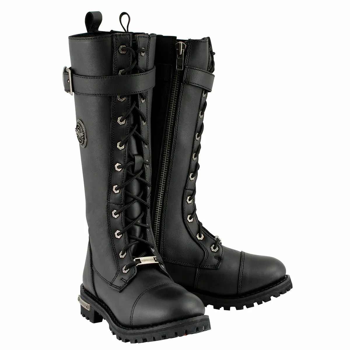 MBL9355 Women's Black 14-inch Lace-Up High-Rise Leather Boots with Calf Buckle