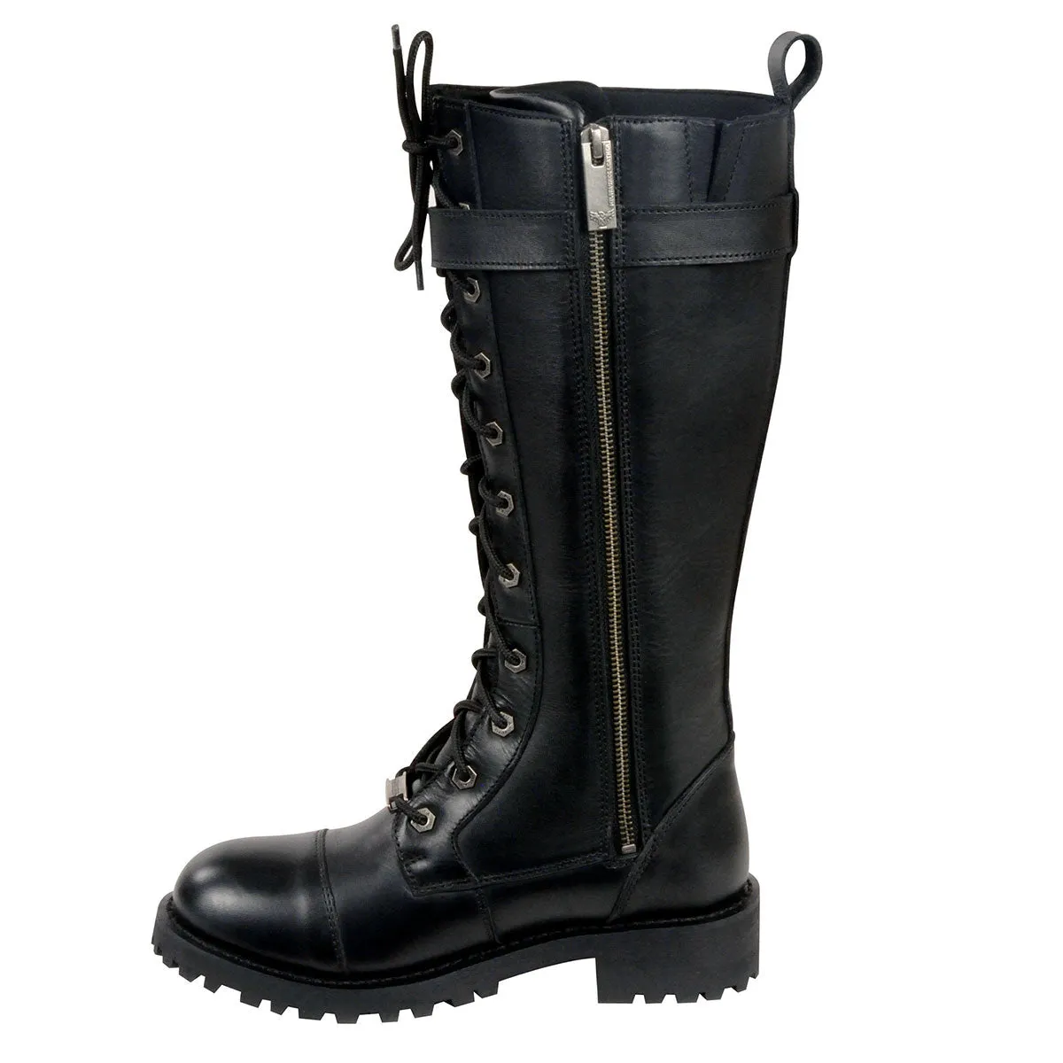 MBL9355 Women's Black 14-inch Lace-Up High-Rise Leather Boots with Calf Buckle