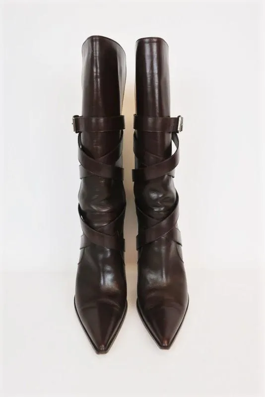 Michael Kors Wrap Strap Knee High Boots Caddy Dark Brown Leather Size 8