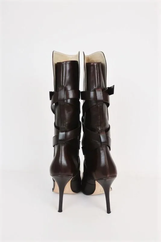 Michael Kors Wrap Strap Knee High Boots Caddy Dark Brown Leather Size 8