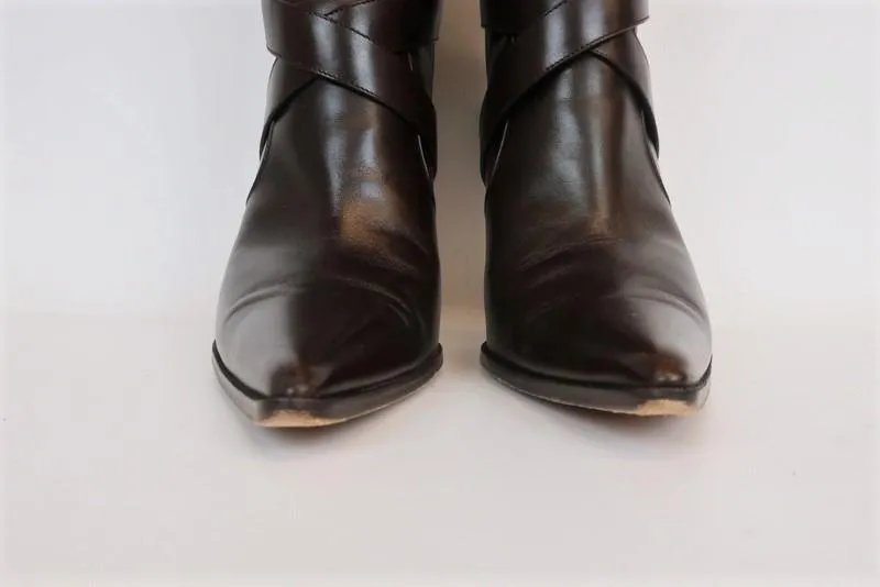 Michael Kors Wrap Strap Knee High Boots Caddy Dark Brown Leather Size 8