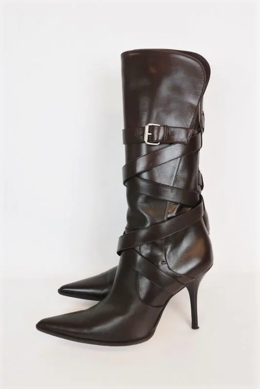 Michael Kors Wrap Strap Knee High Boots Caddy Dark Brown Leather Size 8