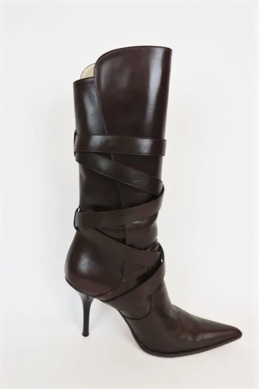 Michael Kors Wrap Strap Knee High Boots Caddy Dark Brown Leather Size 8