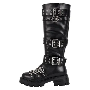Multi Buckle Round Toe Platform Knee High Boots