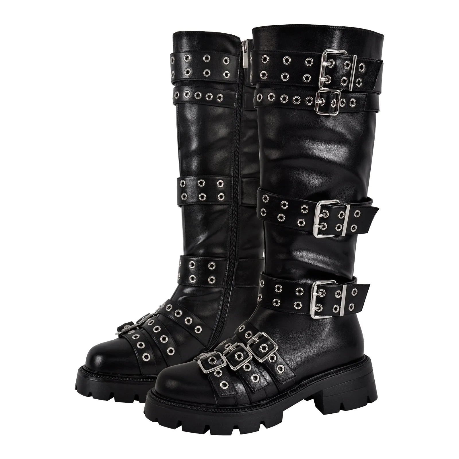 Multi Buckle Round Toe Platform Knee High Boots