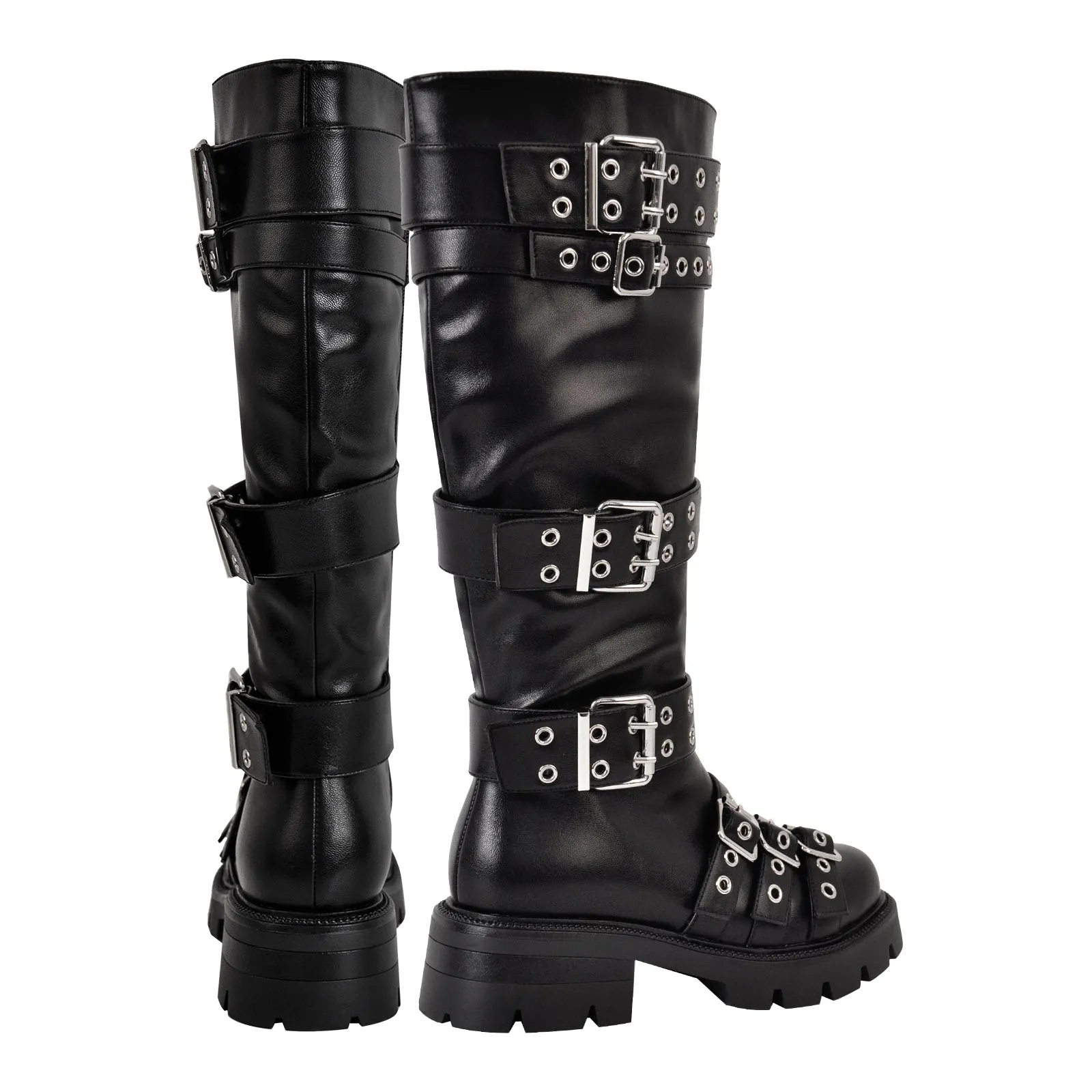 Multi Buckle Round Toe Platform Knee High Boots