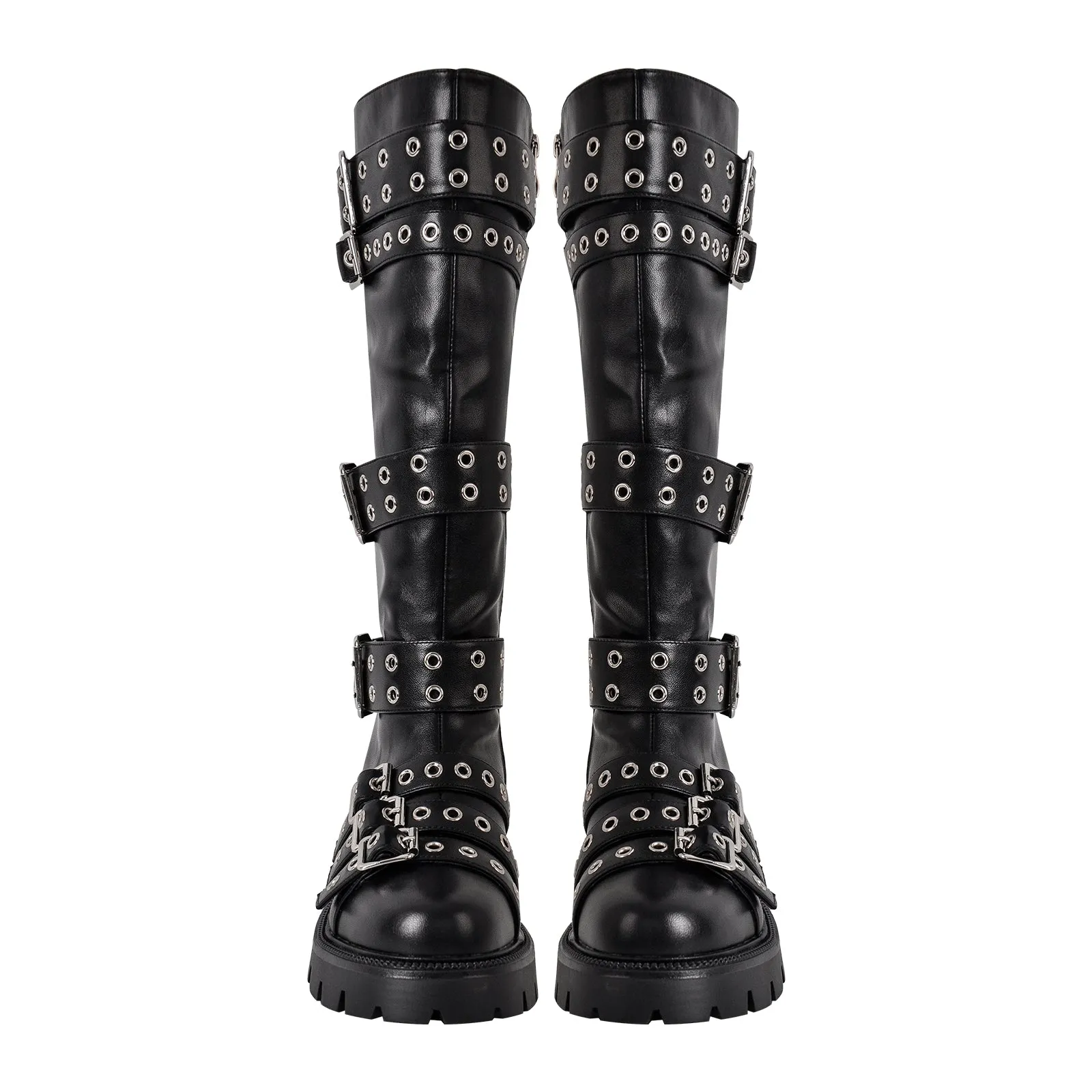 Multi Buckle Round Toe Platform Knee High Boots
