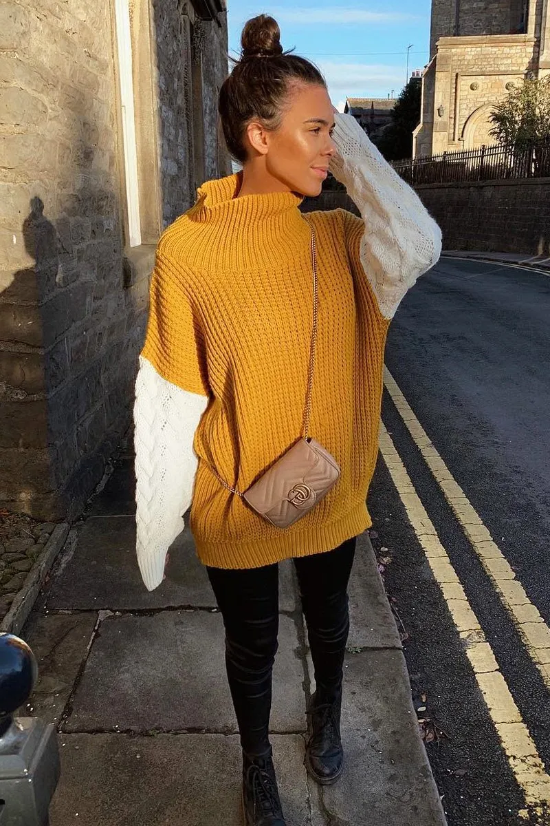 Mustard Cable Knit Colour Block Jumper - Evren