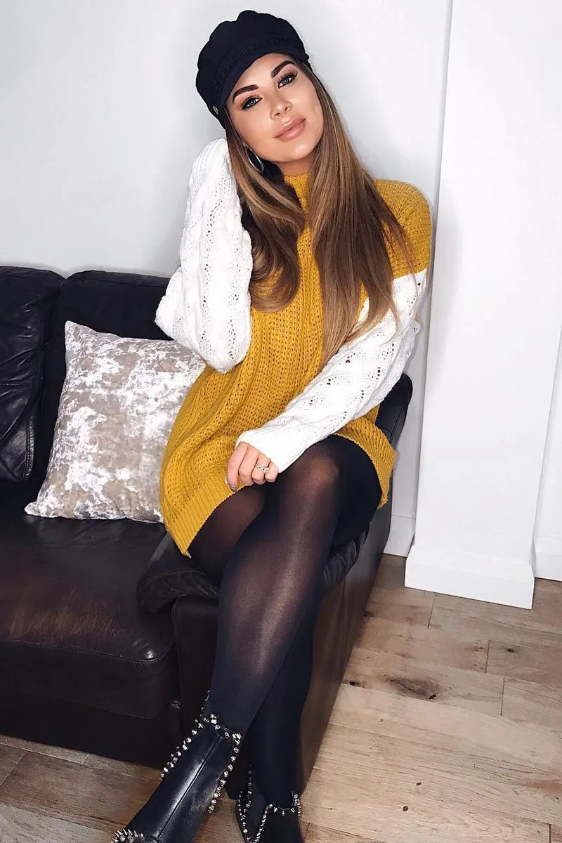 Mustard Cable Knit Colour Block Jumper - Evren