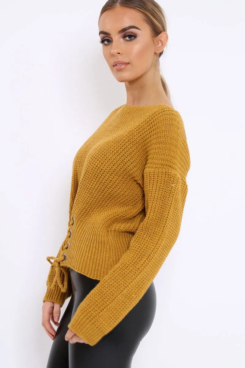 Mustard Chunky Knit Corset Waist Knitted Jumper - Mikayla