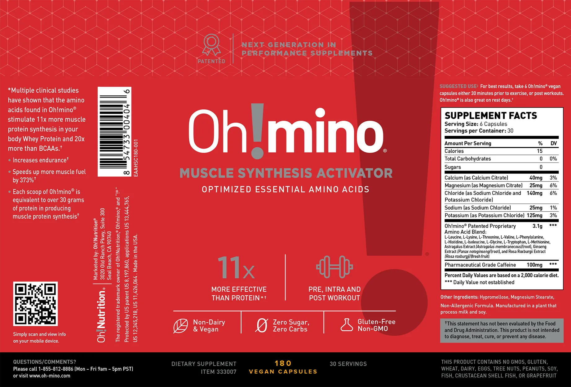Oh!mino® Muscle Synthesis Activator - Caffeinated Vegan Capsules 180 ct BFF Access