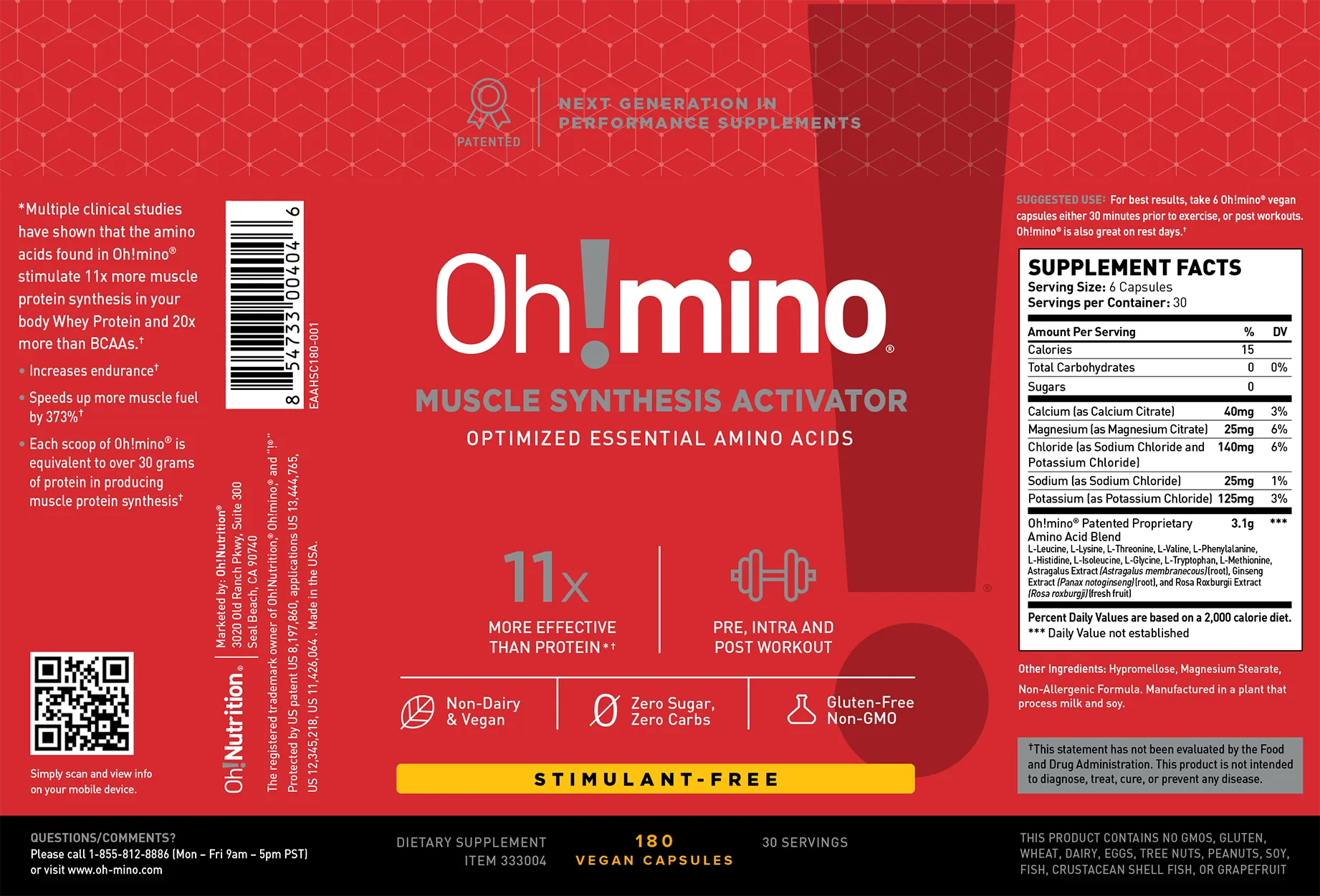 Oh!mino® Muscle Synthesis Activator†  – Stimulant-Free 180 Vegetarian Hard Shell Capsules BFF Access