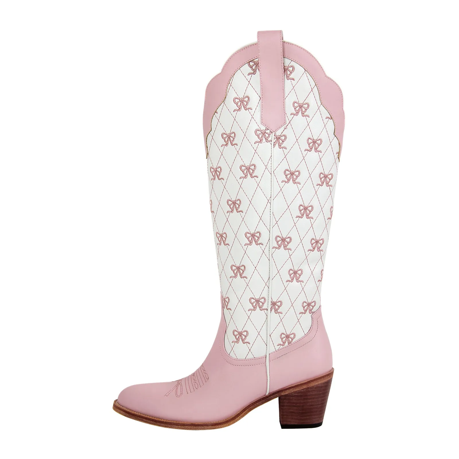 Pink Bow Embroidery Knee High Cowgirl Boots