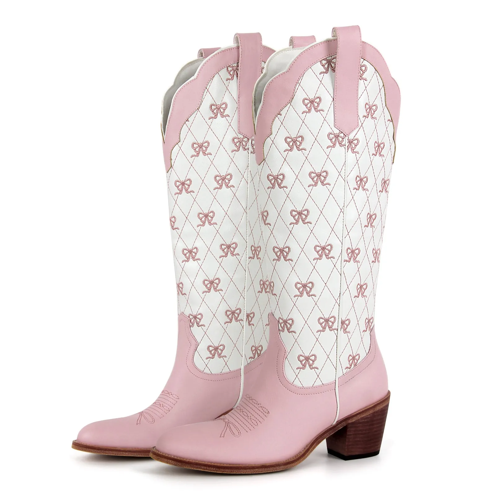 Pink Bow Embroidery Knee High Cowgirl Boots