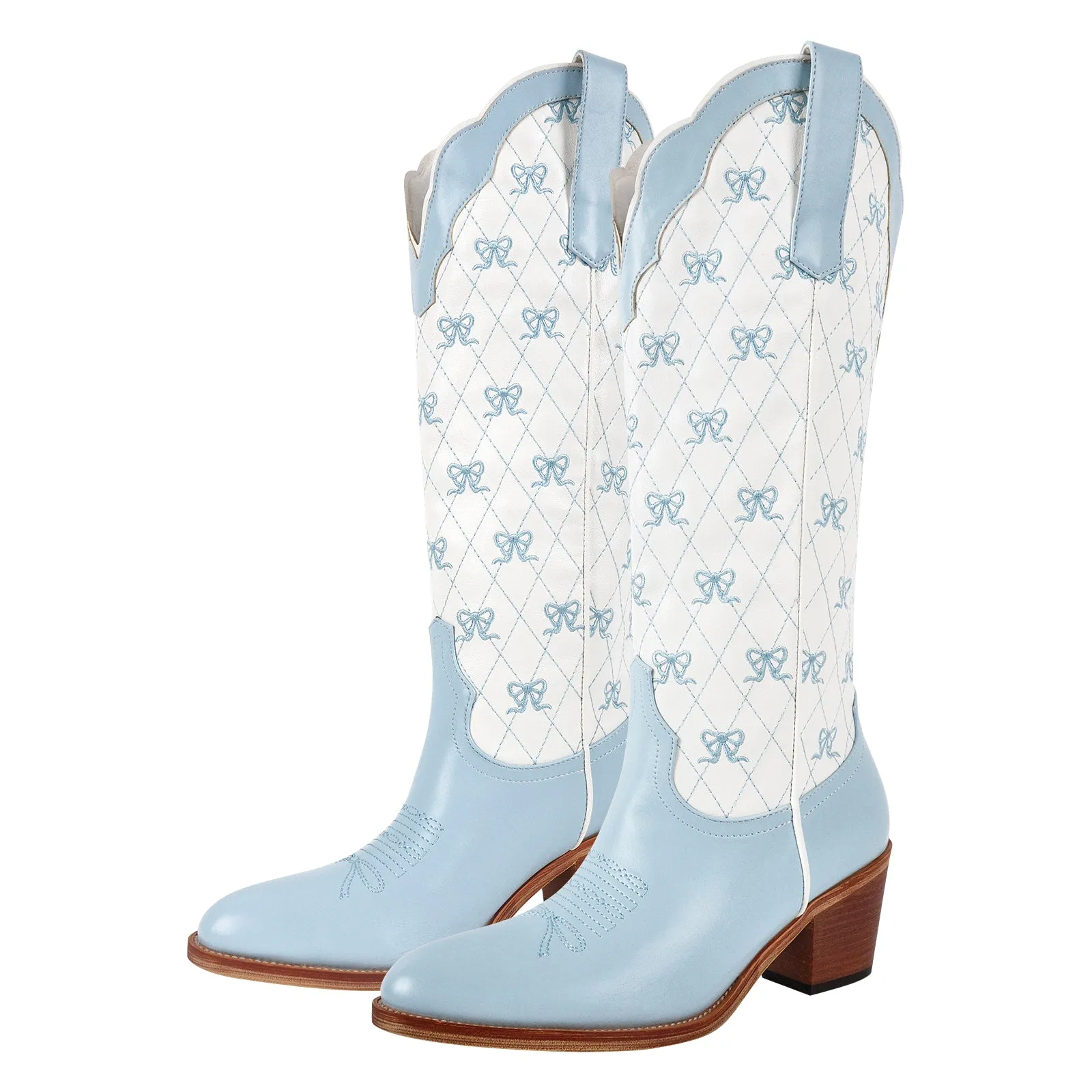 Pink Bow Embroidery Knee High Cowgirl Boots