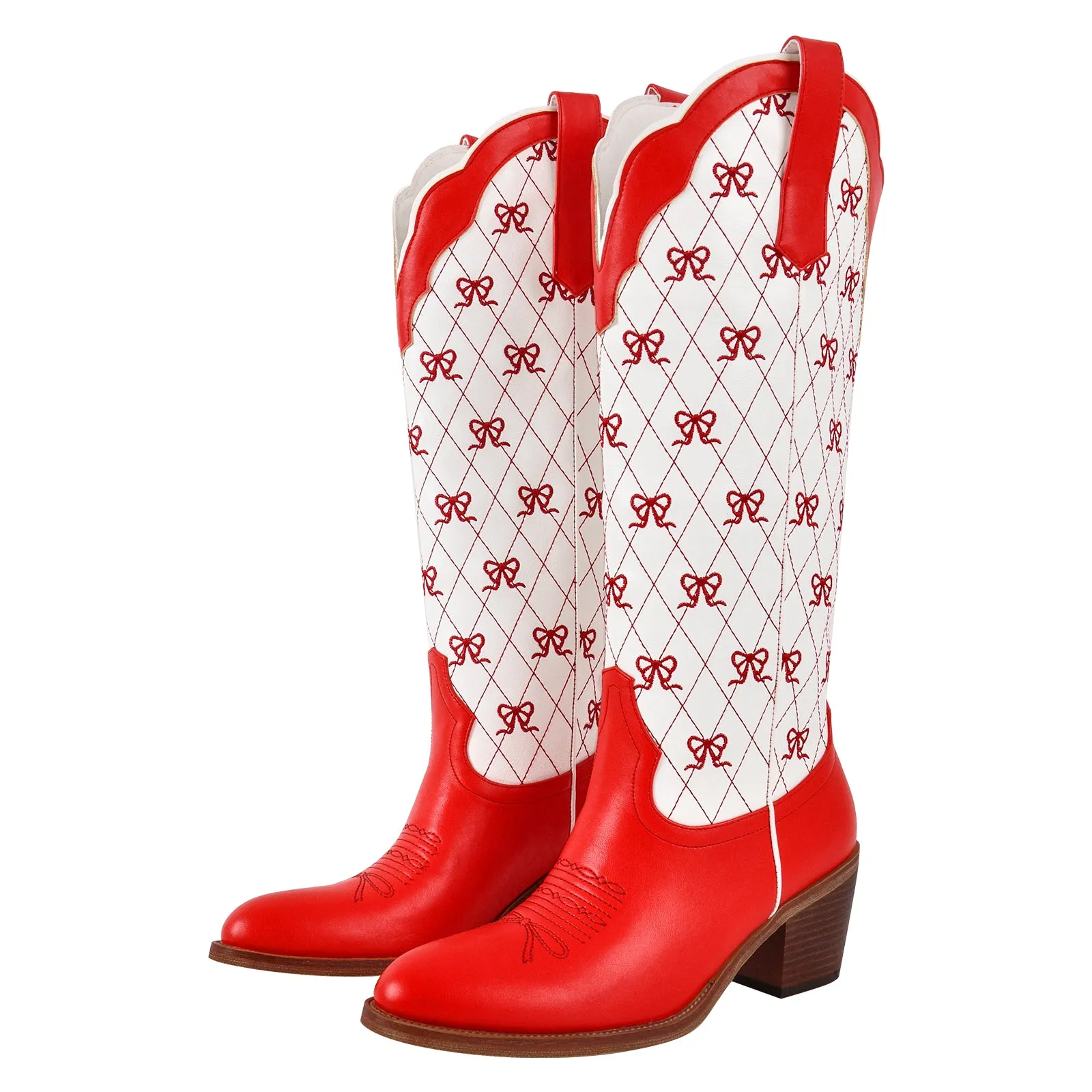 Pink Bow Embroidery Knee High Cowgirl Boots