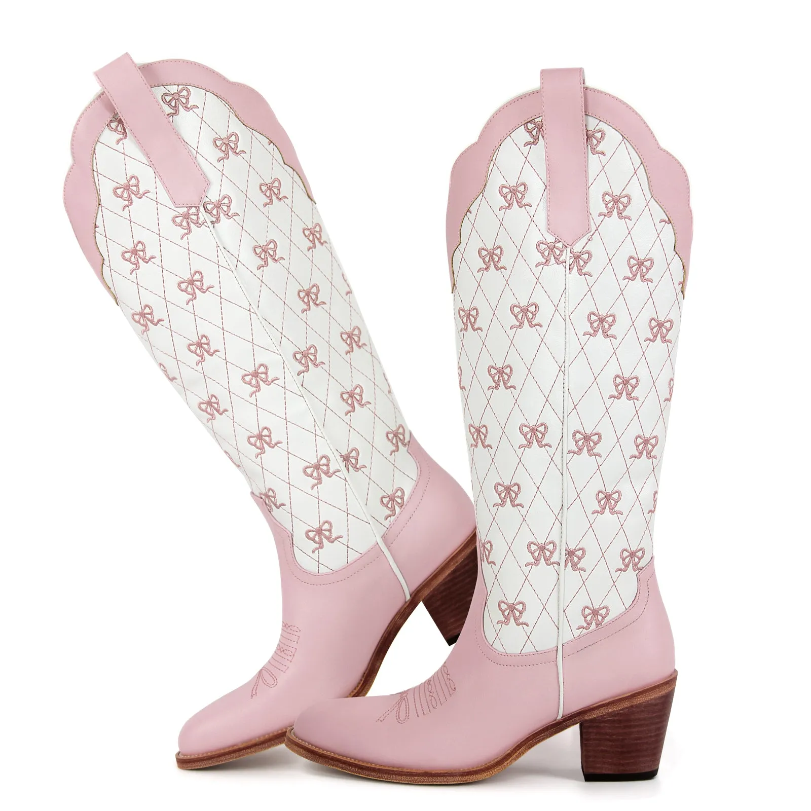 Pink Bow Embroidery Knee High Cowgirl Boots